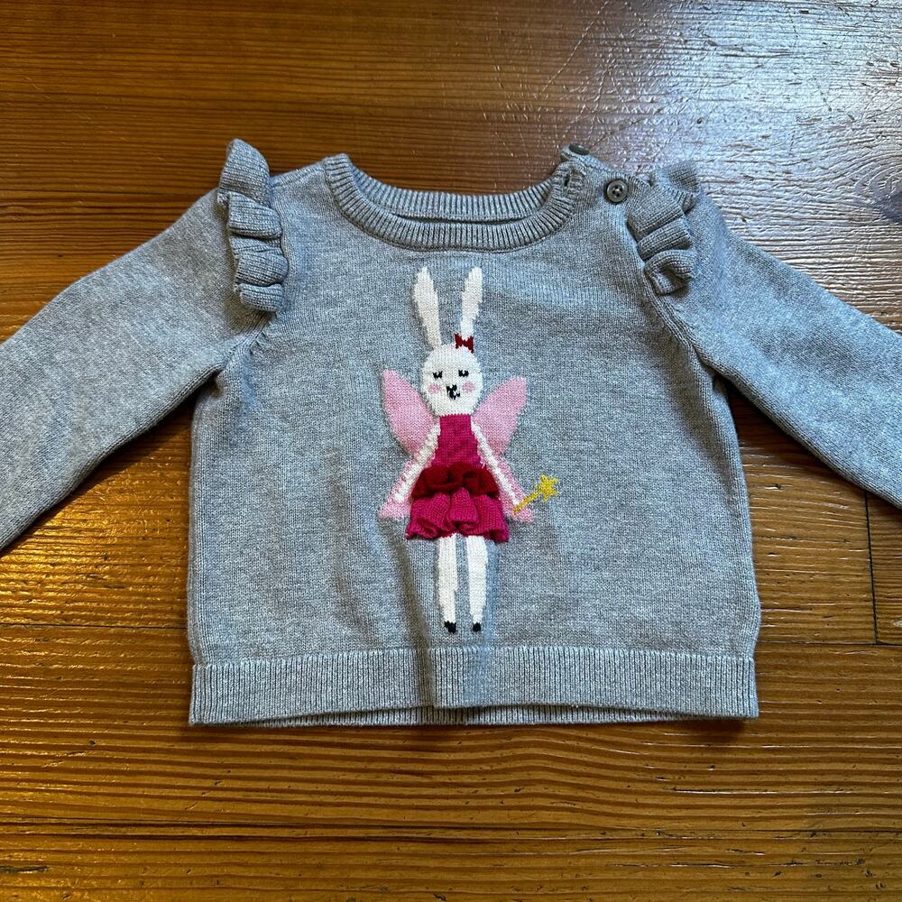 Gap gray pink bunny fairy knit ruffle crew sweater SIZE 6-12M - Picture 1 of 4